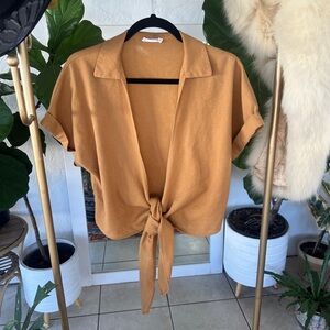 Lush Linen Blend Tie Front Collared Top Size S